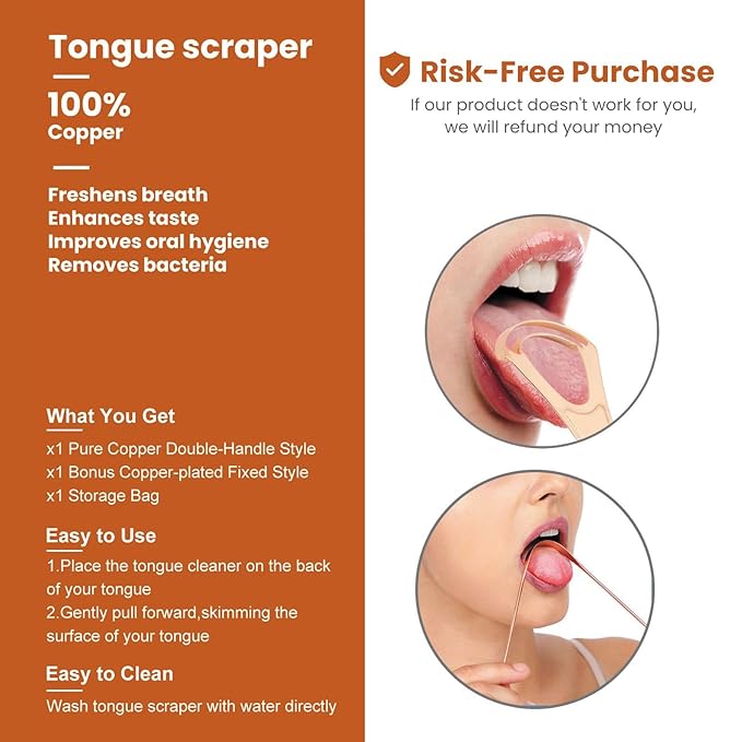 2Pcs Copper Tongue Scraper, Tongue Cleaner Set for Adults Kids, Stainless steel Wide Double Blades Oral Tongue Brush Cleaning Scrapping Sweeper for Fresh Breath and Mouth Hygiene Care with Travel Bag