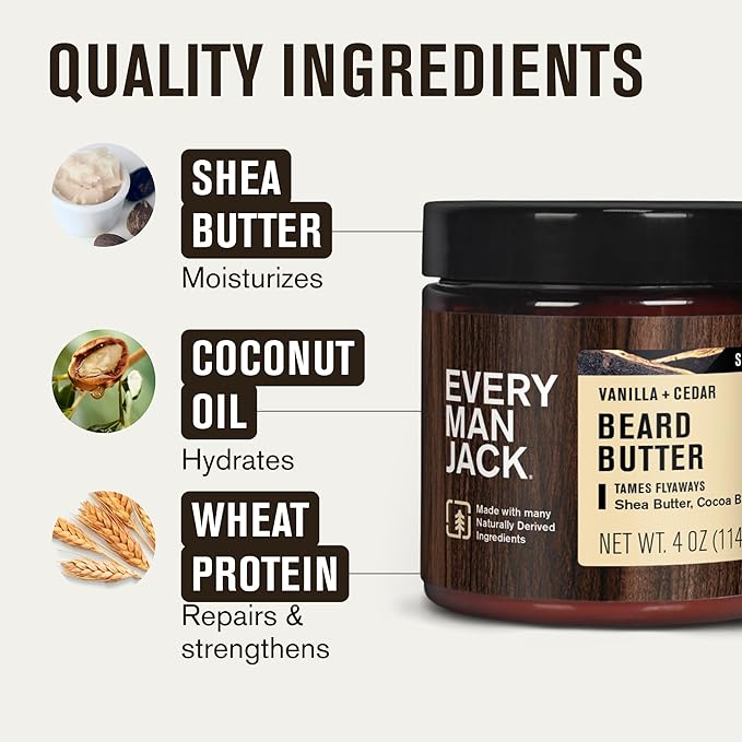 Every Man Jack Beard Butter Gift Set for Men – Full Size 3-Pack Variety with Sandalwood, Vanilla + Cedar & Aged Bourbon Scents – Naturally Derived with Shea Butter & Coconut Oil – 4 oz (3 Pack)