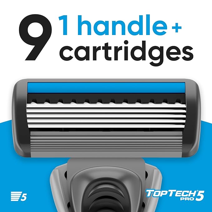 TopTech PRO 5 Razors for Men - Manual Shaving Razor & Replaceable Cartridges - 5-Blades Technology - 10 Count Pack (1 Handle + 9 Refills) - Soft Shave & Sharp Blades - Cost-effective Refill