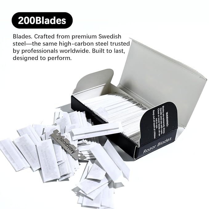 Single Edge Razor Blades Refills - 200 Count Swedish Premium Platinum Straight Razors Blades for Men - Sharp, Smooth and Comfortable Shaving