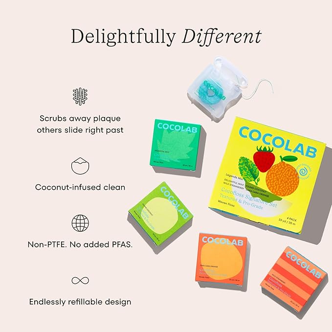 Cocofloss Woven Dental Floss, Dentist-Designed Oral Care, Waxed, Vegan, Kid-Friendly, with Coconut Oil, 4-Pack of Mint, Coconut, Orange, Strawberry (33 yard Each)