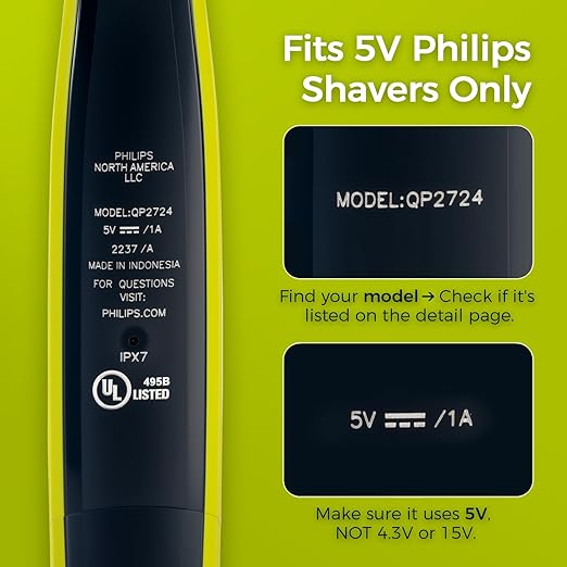 5V USB-C Charger Cord Compatible with Philips Norelco Shaver Models – QP2724, QP1924, QP4530, QP2834, QP4631, X3001, MG5910, MG5970, QP6552, MG7910, MG7970, MG9520, QP6542 & More