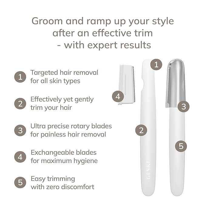 GESKE Precision Trimmer | 4 in 1 | Painless, Hygienic Hair Remover | Precise Hair Trimmer Tool | Face & Body | Men & Women | Grooming Device | Hypoallergenic, Easy-to-exchange Blades | All Skin Types