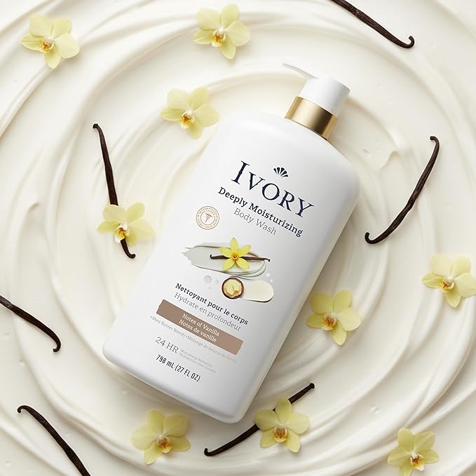 Ivory Body Wash, Deeply Moisturizing, 24hr Nourishing Hydration, Soothes Itchy Dry Skin, Made with Shea Butter Blend, Free of Dyes Heavy Perfumes Parabens & Phthalates, Vanilla Scent, 27 oz