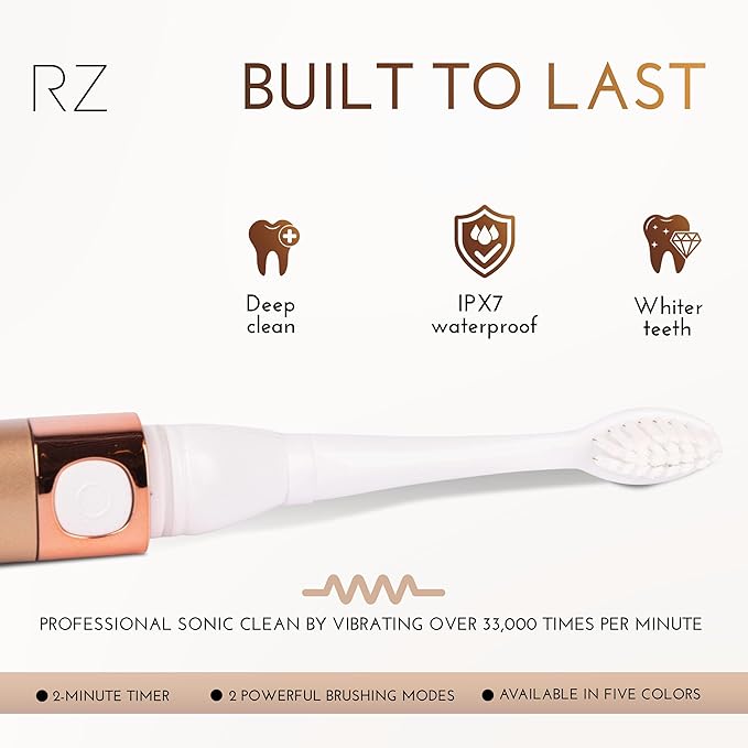 Rachel Zoe Portable Electric Toothbrush for Adults, Battery Operated Compact Sonic Tooth Brush for Trips, Waterproof Travel Toothbrush with Cover, 2 Removable Brush Heads Included, Rose/Gold/White