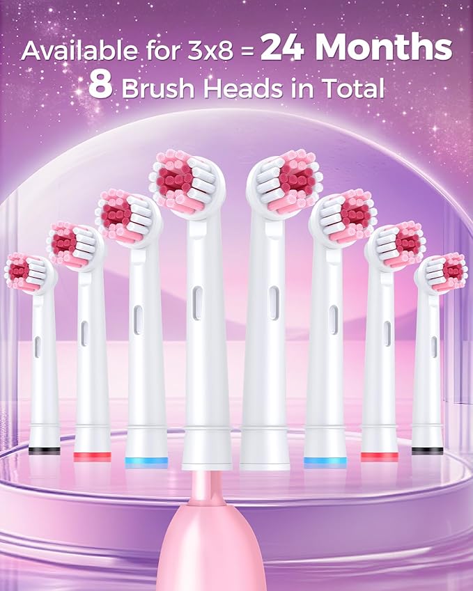 Rotating Electric Toothbrush with 8 Brush Heads for Adults and Kids, 3 Modes Rechargeable Power Toothbrush with 2-Minute Smart Timer, 45-Day Battery Life (Pink)