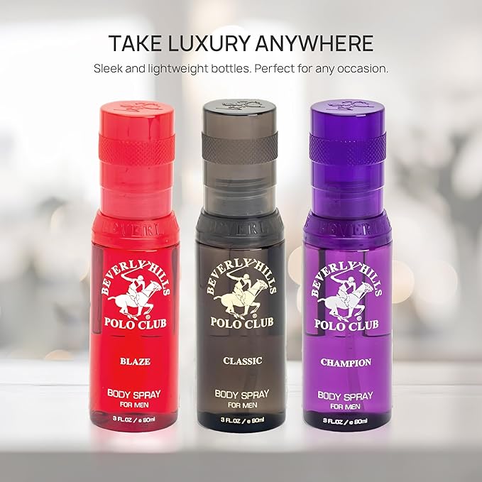 Beverly Hills Polo Club Men's Luxury Body Spray Gift Set - 3 x 3oz Designer Cologne Scents for Dynamic Freshness, Confidence & Active Lifestyles | Gold Collection Ideal for Gifting