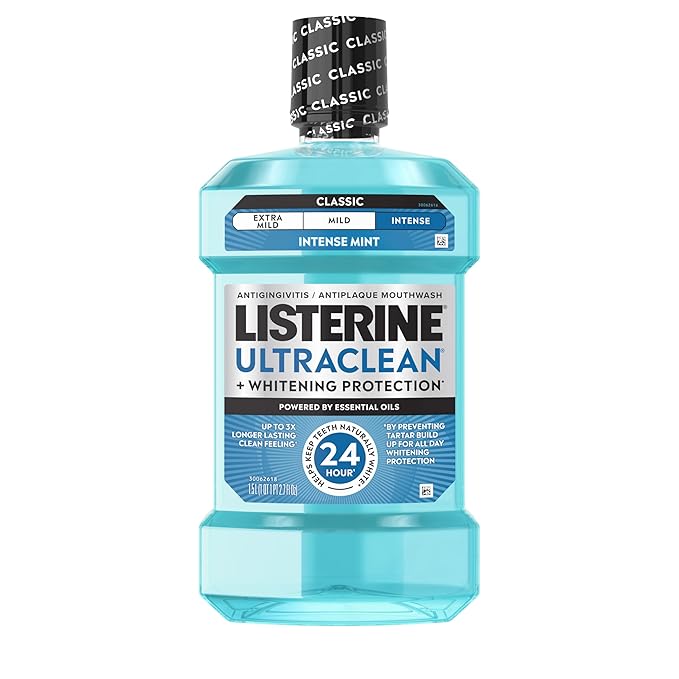 Listerine Ultraclean Intense Antiseptic Mouthwash + Whitening Protection*, Everfresh Technology to Help Fight Bad Breath, Gingivitis, & Plaque, Tartar Control Oral Rinse, Intense Mint, 1.5 L