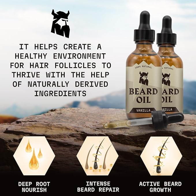 Striking Viking Beard Oil for Men - 2 Fl Oz, Pack of 2, Vanilla - Conditioning with Jojoba, Argan & Almond Oil - Promotes Fuller Growth with Beard Growth Serum - Soothes Itch with Tea Tree Extract