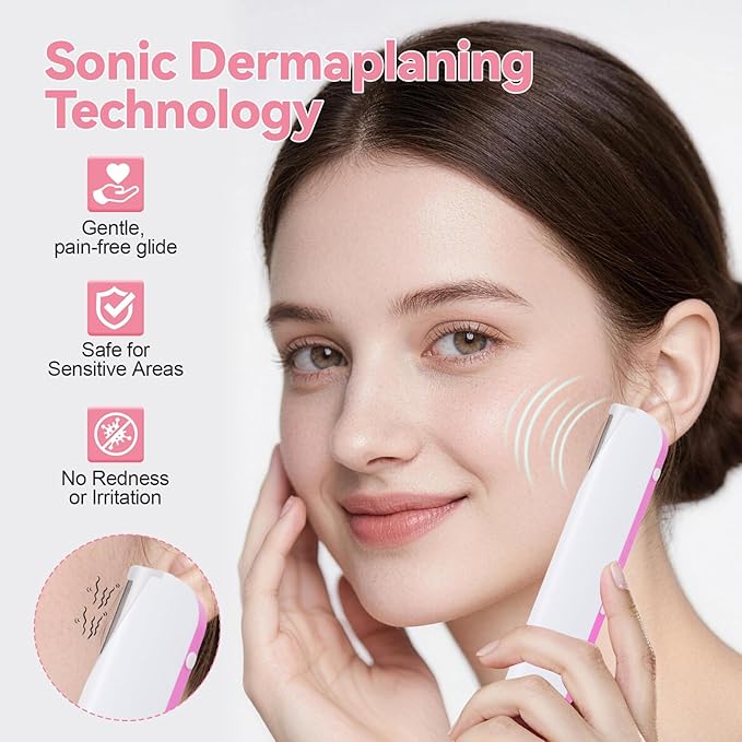 Sonic Dermaplaning Facial Hair Remover for Women, Gentle Peach Fuzz Removal Tool, Precision Control, Safe for Sensitive Skin, Portable & Rechargeable At-Home Skincare (Cameo Pink)