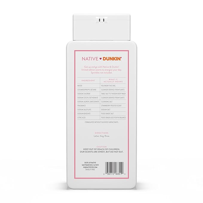 Native Body Wash, Dunkin Stawberry Frosted, Contains Naturally Derived Ingredients | For Women & Men, Sulfate, Paraben, & Dye Free Leaving Skin Soft and Hydrated | 18 oz