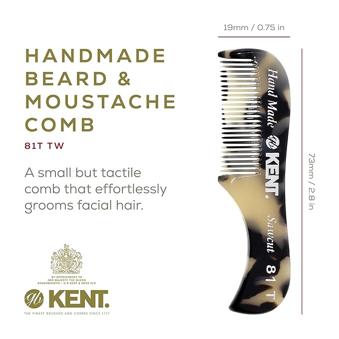 Kent A 81T TW X-Small Mini Comb for Men's Beard and Mustache, Fine Toothed Pocket Comb for Facial Hair Grooming and Styling. Hand-Made of Quality Acetate, Saw-cut Hand Polished. Made in England