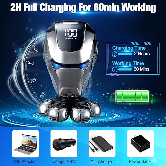 Electric Shaver for Bald Men, 6 in 1 Floating Head Razor with Nose Hair, Sideburns Trimmer, Face Brush, Upgrade 7D Electric Razor for Men with Type-C Charger, LED Display & Waterproof