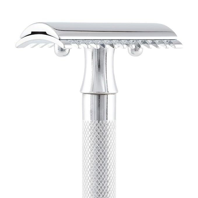 MERKUR 15C Double Edge Safety Razor in Bright Chrome with an Open Comb Design, Standard Handle, Made in Germany, Plastic-Free, Three-Piece Design, and Straight Bar