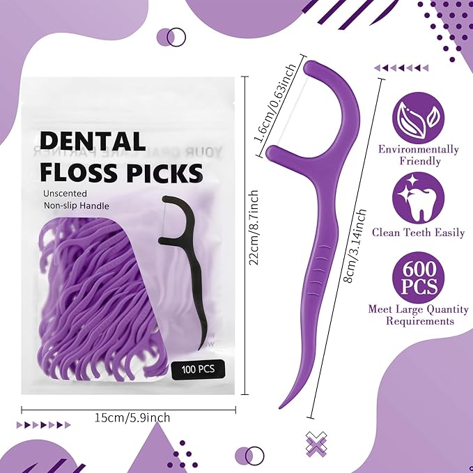 Baderke 200 Count Floss Picks Bulk Non Breakable Tooth Picks Flosser Dental Floss Sticks for Adults Teeth Cleaning Dental Flossers for Family Pack Travel (Dark Purple)