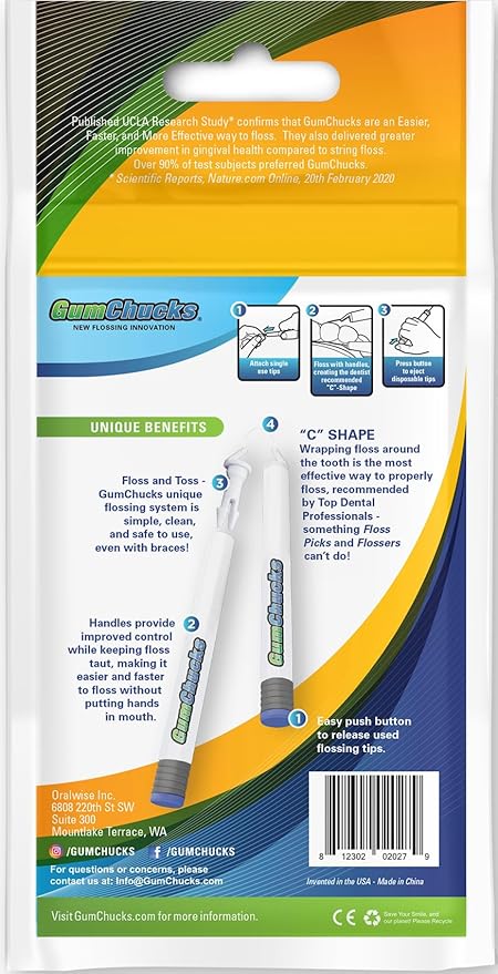 GumChucks Floss for Teeth - Flossing for Kids and Adults - Orthodontic Flossers for Braces - Dental Gum Floss Picks for All Ages (30 Flossing Tips)