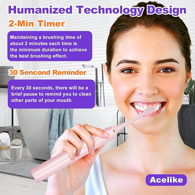 Whitening Electric Toothbrush for Adults and Kids, Rechargeable Toothbrush with 8 Brush Heads & Travel Case, 5 Modes & Smart Timer, 45000VPM Deep Clean, IPX7,One Fast Charge Last 120 Days - Pink