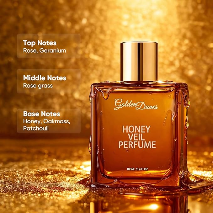 Golden Dunes Honey Veil Eau de Parfum – Honey, Oud, Patchouli, Vanilla & Bergamot with Floral-Amber Spicy Notes, Clean Vegan Essential Oils, Long-Lasting Unisex Fragrance, 100 ml