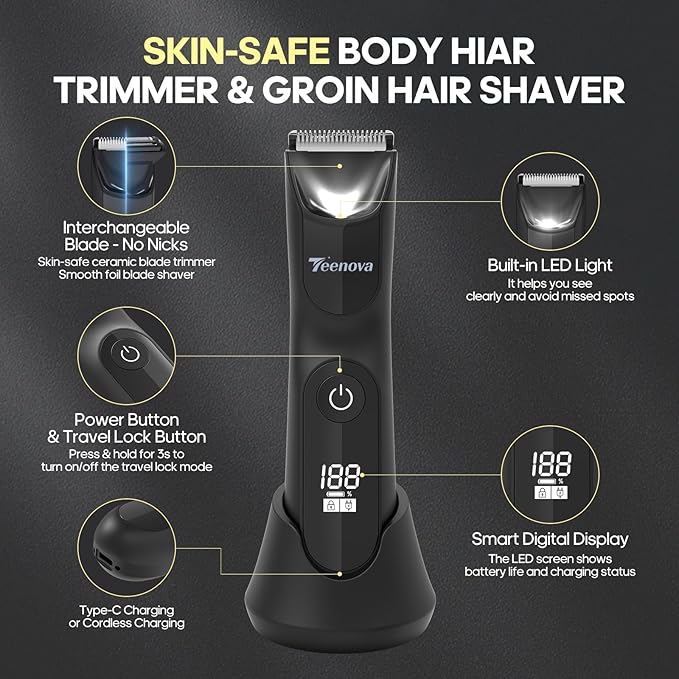 Electric Body Hair Trimmer Shaver - 3 in 1 Pubic Trimmer for Men - Bikini Trimmer for Women - No Nick Groin Ball Razor with Ceramic Blade Head, Wireless Dock Charging