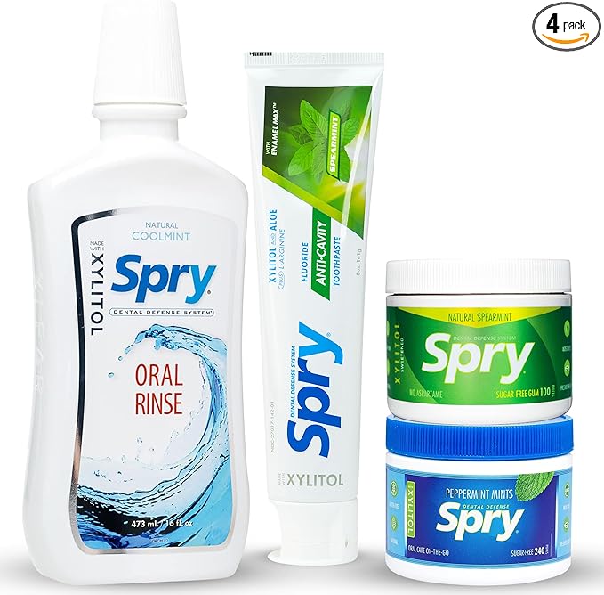 Spry Total Dental Health Kit - All Day Oral Care and Gum Health Including Sugar Free Gum, Candy Mints, Oral Rinse and Spearmint Toothpaste With Xylitol
