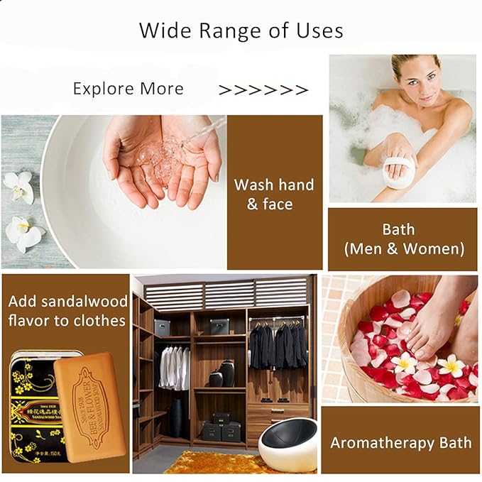 Bee & Flower Soap Bar Sandalwood Soap Gift Tin Box Bath Bar Soaps for Face and Body, Men and Women (5.3 oz)