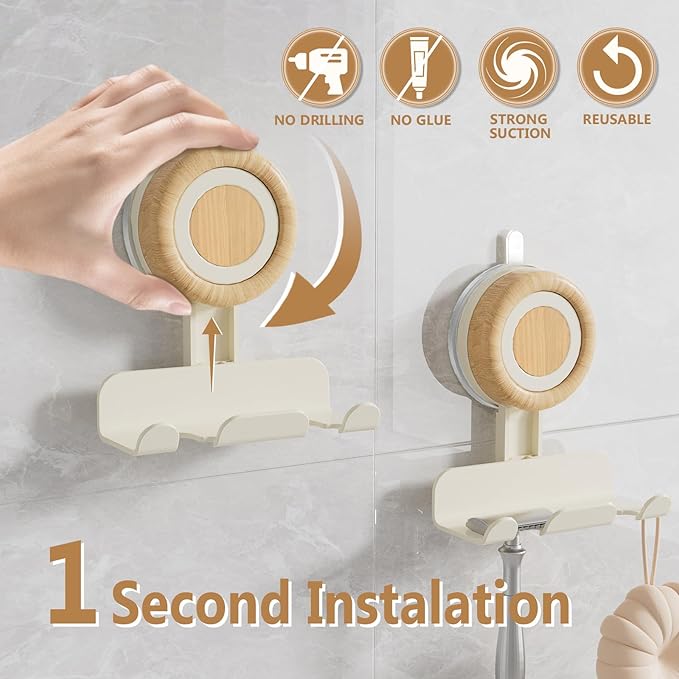 Razor Holder for Shower 2 Pack, Suction Cup Shaver Holder for Wall, Removable&Reusable Suction Cup Hooks for Bathroom, Damage-Free Suction Shower Hooks, Wall Mounted Razor Stand, Beige