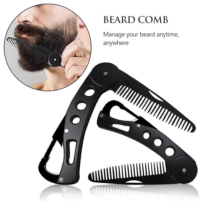 Stainless Steel Folding Beard Comb - Portable Multifunction Anti Static Comb with Leather Cover for Men Grooming, Combing Hair, and Mustache Styling