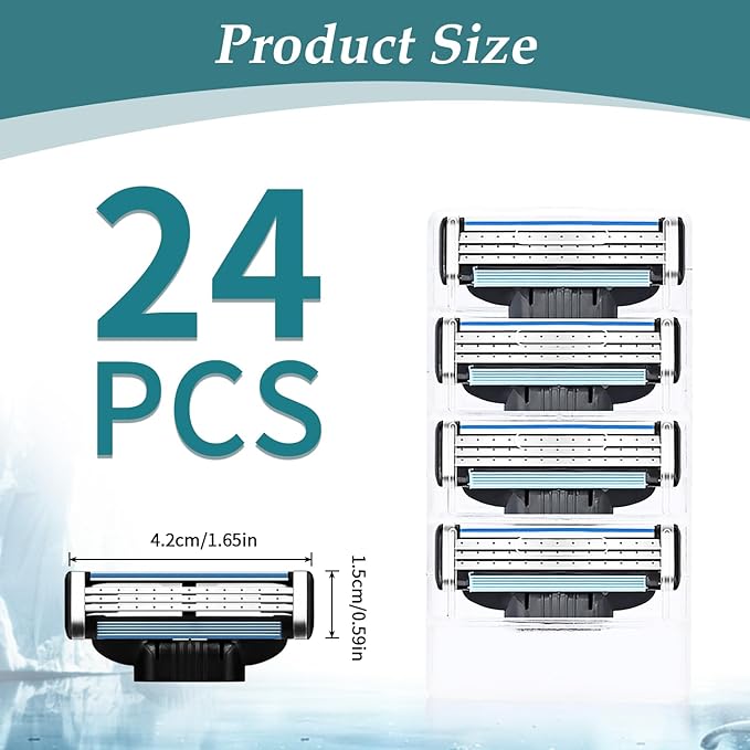 Precision Razor Blades 24Pcs Double Lubrication Strip Manual Razor Replacement Blades,Compatible with Mach 3 Razors Refills,Men's Manual Universal Shaver Blades