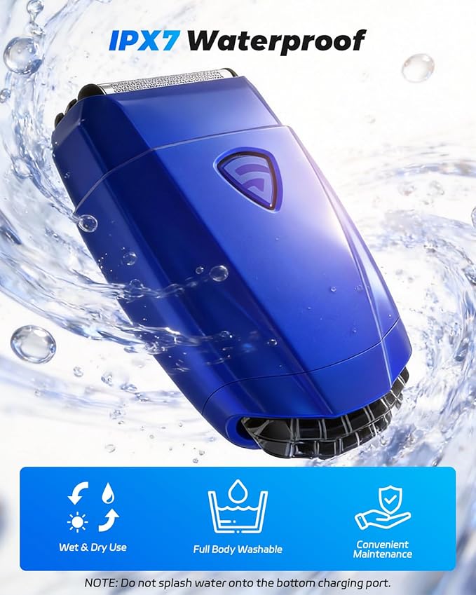SKYWILL Electric Foil Shaver for Men, Wet & Dry Electric Shaver with 3 Floating Blades, Built-in Mirror Cap, USB-C Fast Charge, IPX7 Waterproof Portable Shaver for Travel & Home Use (Blue)