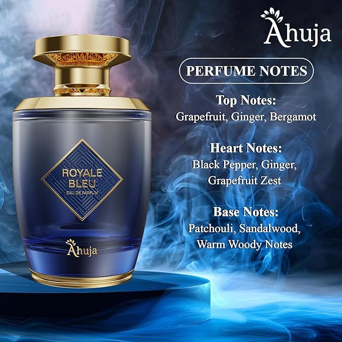AHUJA Royal Bleu Eau De Parfum for Men 3.4 fl oz – Long Lasting Fresh Citrus, Grapefruit & Ginger Scent w/Deep Woody Notes – Elegant Daily Wear Perfume & Gift