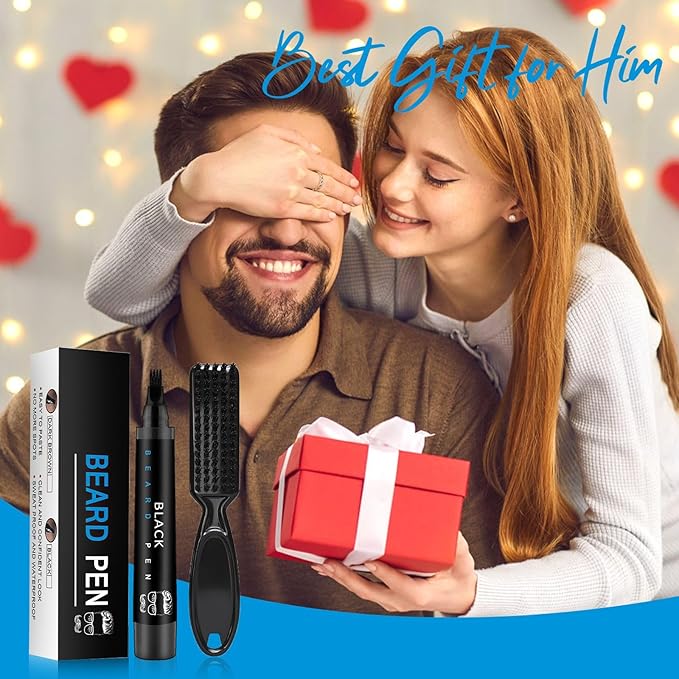 Beard Pencil Filler for Men Black - Beard Pen with Beard Brush Waterproof, Barber Pencil Long-Lasting Mens Grooming Kits Create Natural Beard Color Gifts for Men, Mens Gifts Ideas (Brown)