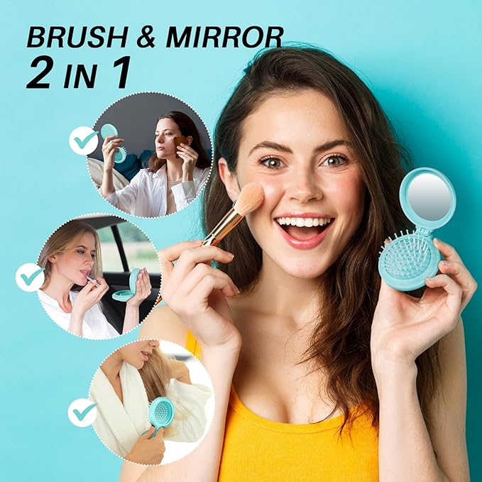 RHOS Folding Brush with Mirror for Women, Men & Kids - Compact, Portable, and Foldable for Travel, Purse or Pocket (Blue)