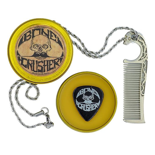 Mustache Wax Extra Strong Hold Bone Crusher (Heat Source Required) 1 oz Tin & Necklace Death Grip Mustache Comb Mens Combo Kit - Grooming For Men Handlebar Moustache