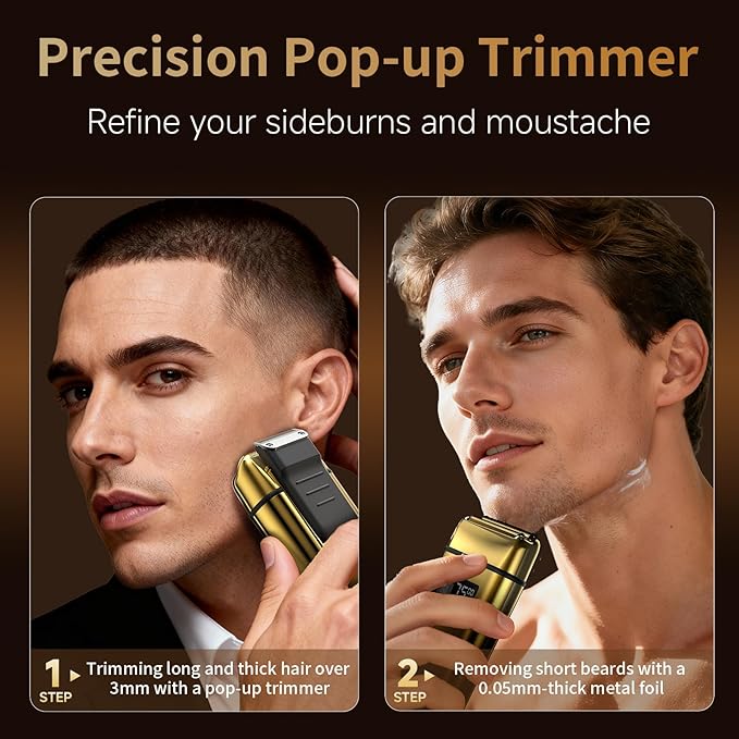 Electric Foil Shaver for Men,Electric Razor with Pop-up Trimmer,Cordless Beard Trimmer,Waterproof,Wet & Dry Shaving,LED Display,2-Speed Mode (Gold)