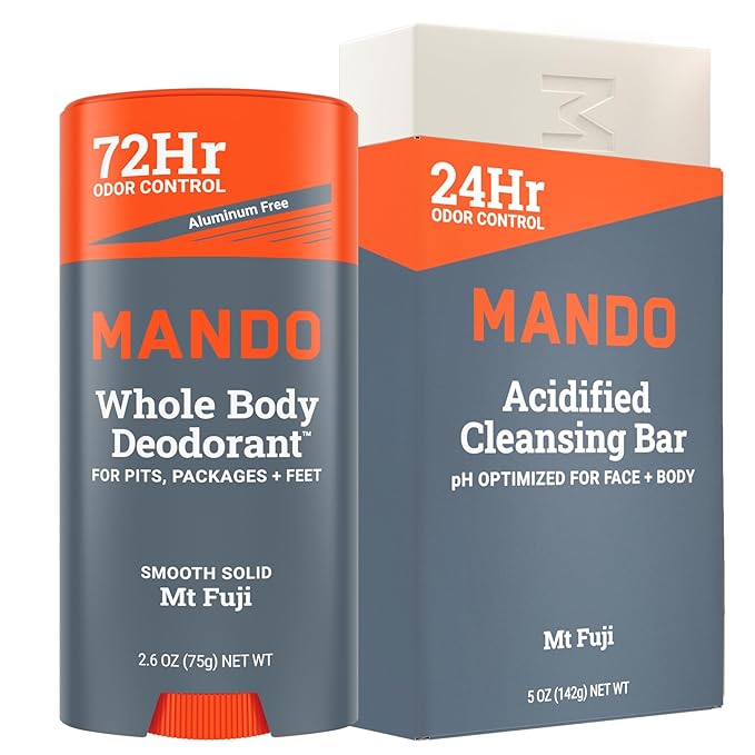 Mando Whole Body Deodorant Two Piece System - 2.6 oz Smooth Solid Stick & 5.0 oz 4 in 1 Acidified Cleansing Bar - Aluminum & Baking Soda Free Odor Control - Doctor Developed - 2 pc Bundle (Mt Fuji)