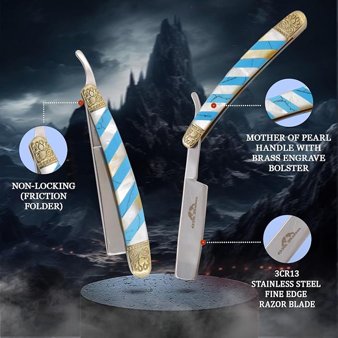 6.75" Straight Edge Razor – Stainless Steel Manual Folding Blade with Mother of Pearl Style Mosaic Handle and Engraved Brass Bolsters