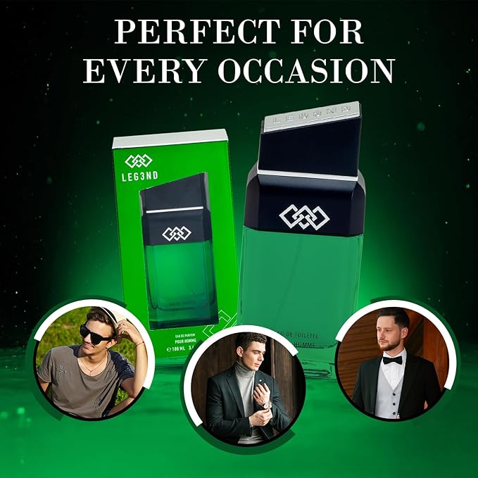 LEG3ND Men's Cologne Eau de Parfum Spray - 3.4oz/100ml Long-Lasting Scent with Elegant & Sleek Glass Bottle - Fragrance for Men with Luxurious Mandarin & Musk Notes (Green Edition)