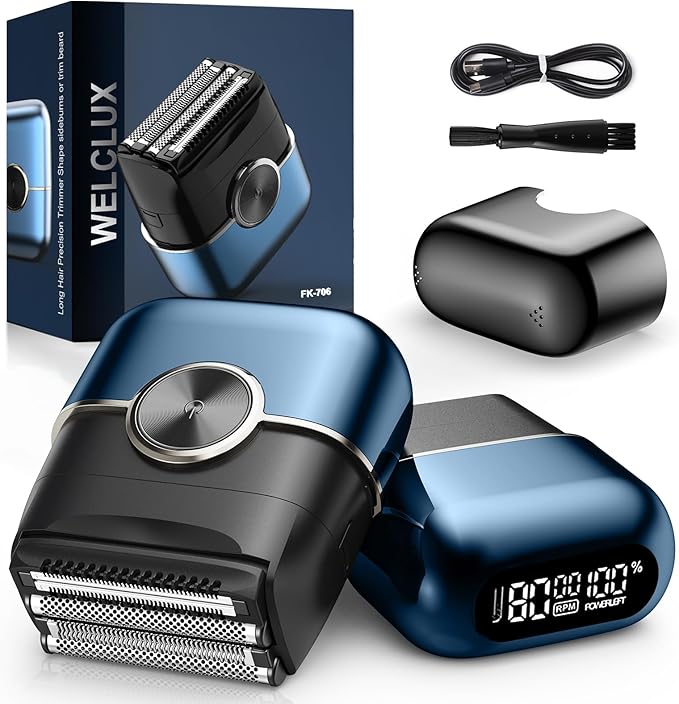 Electric Foil Shavers for Men: Mini Electric Razor with 4 Floating Blades & Big LED Display - Foil Shaver for Men with 2 Gears Adjustable - Face Shaver with IPX7 Waterproof,USB Type C (Pure-Blue)