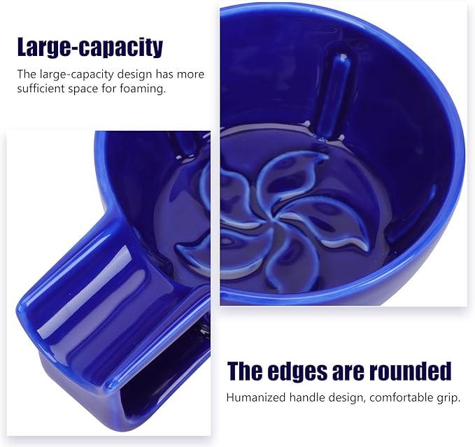 TEHAUX Ceramic Shaving Soap Bowl for Men with Handle Blue Wide Mouth Shaving Foaming Bowl Practical Barber for Wet Razor Use