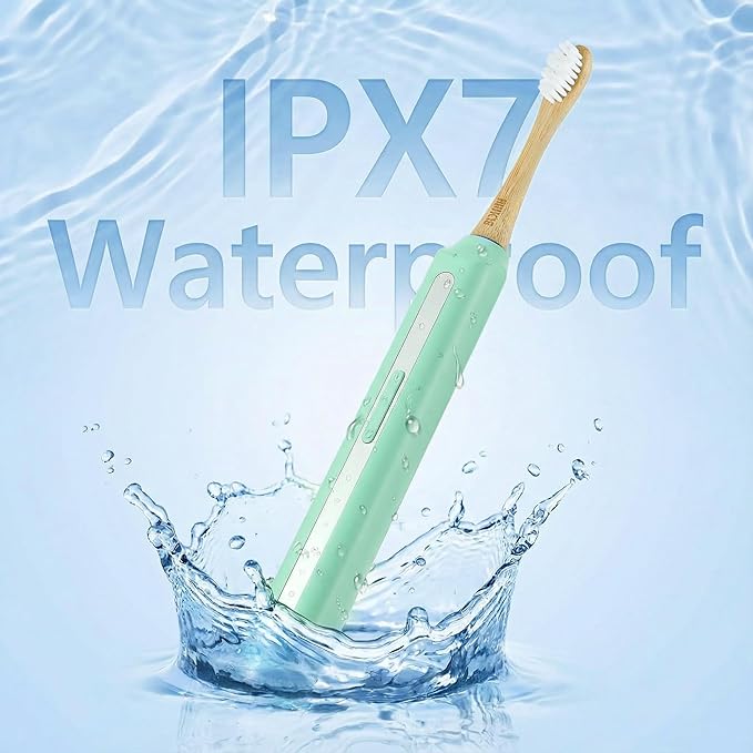 Bamboo Electric Toothbrush丨Rechargeable Electric Toothbrush with 4 Bamboo Heads, Soft Castor Oil Bristles,5 Moedes&3 Intensities, 45 Days Battery Life, IPX7 Waterproof-Light Green
