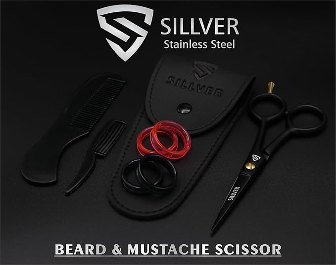Professional Mustache Scissors 5 Inch, Razor Edged and Serrated, Beard Comb, Mustache Comb, Pouch -Beard Trimming Scissors for All Facial Hair– Grooming Scissors