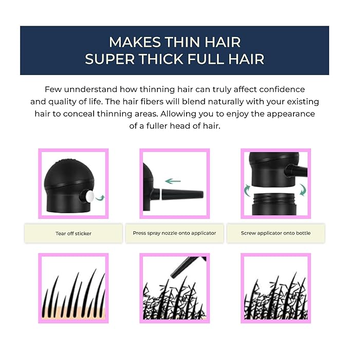 Hair Fibers for Thinning With Spray Applicator Pump Nozzle, Undetectable Natural Formula, Thicker Fuller Hair in 15 Seconds, Conceals Balding Areas for Men Women, 0.97Oz (Dark Brown)