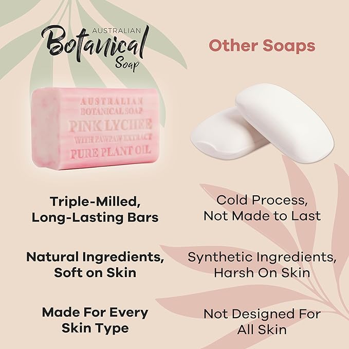 Australian Botanical Soap Pink Lychee with Pawpaw Extract 6.6 oz Luxury Soap Bars Enriched with Shea Butter, Sutiable for Men, Women and All Skin Types, Pack of 4