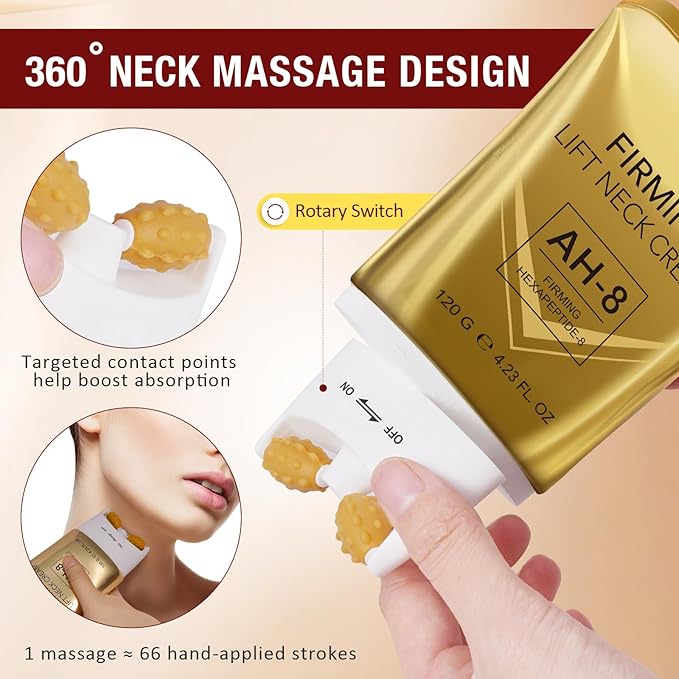 AH-8 Firming Neck Cream with Roller - Anti-Aging Moisturizer for Neck & Chest - Lifts, Tightens, Deeply Hydrates, Reduces Fine Lines & Wrinkles - For Crepey, Sagging Skin - 4.23 fl.oz