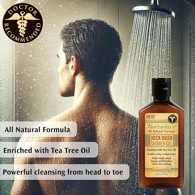PediFix Nurturesce Jock Wash Shower Gel, 6 Fluid Ounce - Tea Tree Oil Enriched, Anti-Fungal, Soothes Itchy Irritated Skin, Natural Body Wash (Packaging May Vary)