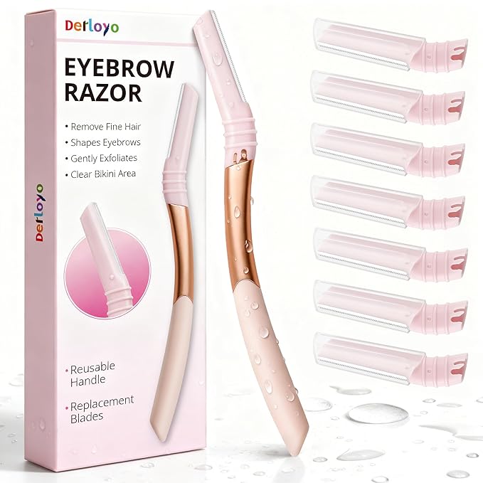 Eyebrow Razor and Face Razor for Women, Reusable Metal Handle with 7 Refill Blades, Dermaplane Razor with Protective Silicone Cap, Eyebrow Hair Trimmer