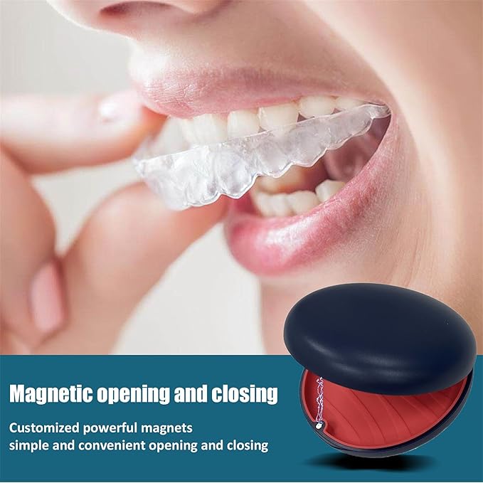 2PCS Retainer Case Compatible with Invisalign,Cute Slim Aligner Case,Customized Magnetic Closure Orthodontic Retainer Cases (2 Pack Dark Blue + Red Silicone)