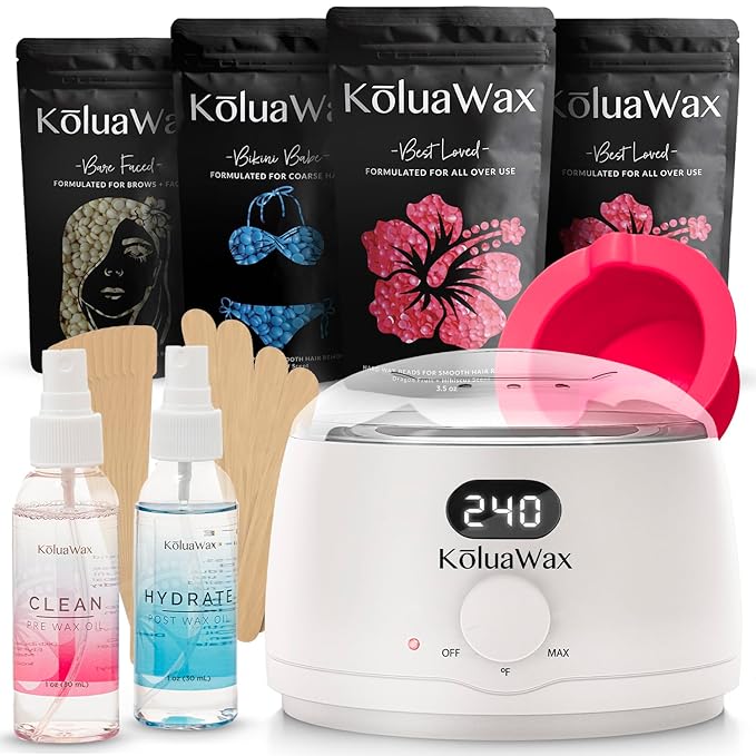 KoluaWax Premium Waxing Kit for Women - Beginner Friendly - Complete Wax Kit that includes 14oz of Wax Beads, Applicator, Pre and Post Care, Suitable for Sensitive Skin (White)