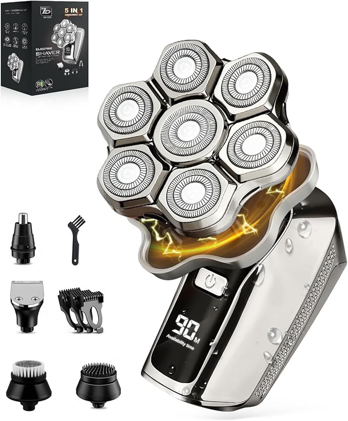 Head Shaver for Bald Men, 7D Upgraded Magnetic Detachable Blades, Wet & Dry IPX7 Waterproof Electric Razor, Fast Smooth Bald Shaving for Head & Face, 5-in-1 Grooming Kit