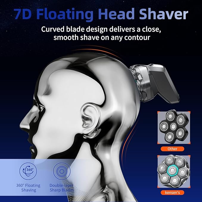 kensen 7D Head Shavers for Bald Men - Dual Speed Bald Head Shavers with LED Display, Electric Razor for Men IPX6 Waterproof Wet/Dry Shaving Head Razor Magnetic Head Balding Clippers for Men Black
